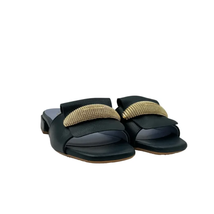 Ciabatta Lorenzo Mari In Pelle Blu Verde, Accessorio Oro Tacco 3 cm art. Samu Mag 51, foto 2 di 5
