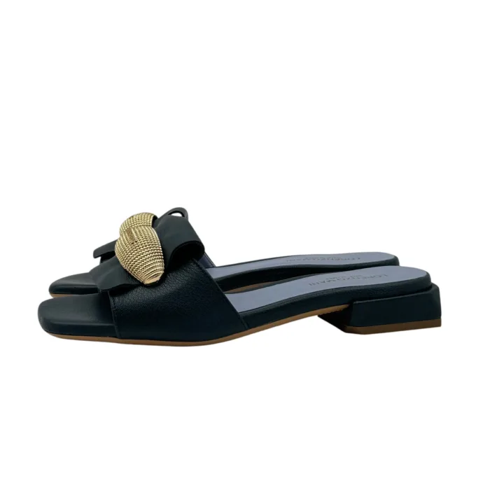 Ciabatta Lorenzo Mari In Pelle Blu Verde, Accessorio Oro Tacco 3 cm art. Samu Mag 51, foto 5 di 5