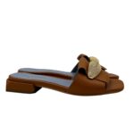 Ciabatta Lorenzo Mari In Pelle Martellata Cuoio, Accessorio Oro Tacco 3 cm art. Samu Mag 51