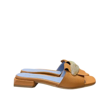 Ciabatta Lorenzo Mari In Pelle Cuoio, Accessorio Oro Tacco 3 cm art. Samu Mag 51