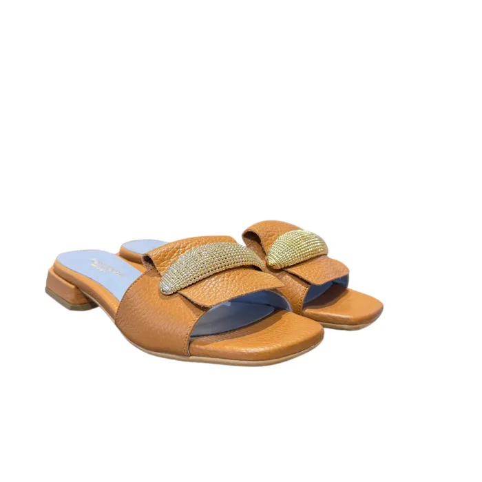 Ciabatta Lorenzo Mari In Pelle Cuoio, Accessorio Oro Tacco 3 cm art. Samu Mag 51, foto 2 di 4