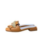 Ciabatta Lorenzo Mari In Pelle Cuoio, Accessorio Oro Tacco 3 cm art. Samu Mag 51 - immagine 3