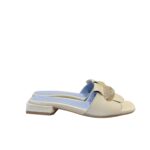Ciabatta Lorenzo Mari In Pelle Martellata Beige, Accessorio Oro Tacco 3 cm art. Samu Mag 51