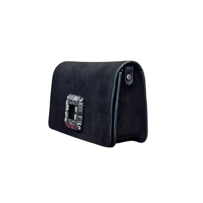 Pochette in Camoscio Nero con Tracolla Rimovibile in Pelle Nera Roberto Festa Dettaglio Gioiello art. ANZALEA, foto 2 di 3
