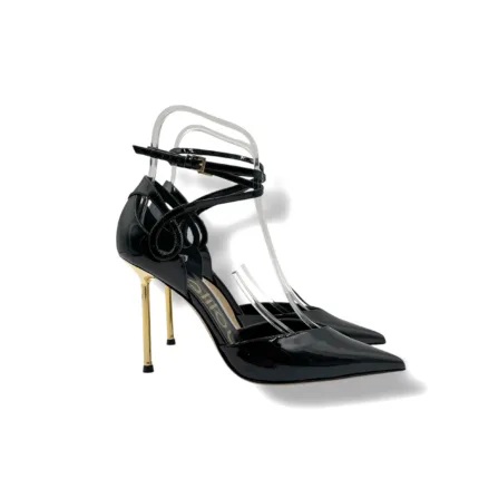 Décolleté con Cinturino alla Caviglia Ninalilou in Vernice Nera Tacco Oro 10 cm art. 362518HL VERNICE NERA
