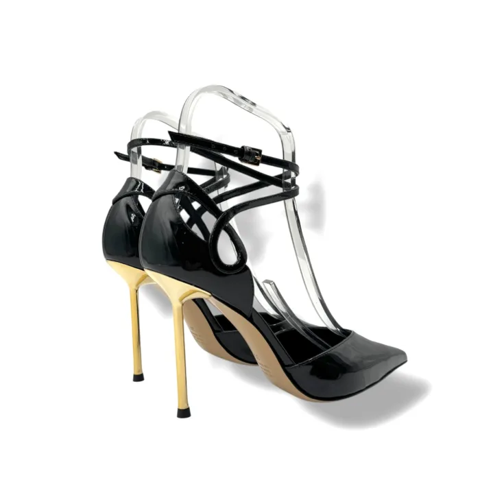 Décolleté con Cinturino alla Caviglia Ninalilou in Vernice Nera Tacco Oro 10 cm art. 362518HL VERNICE NERA, foto 2 di 5