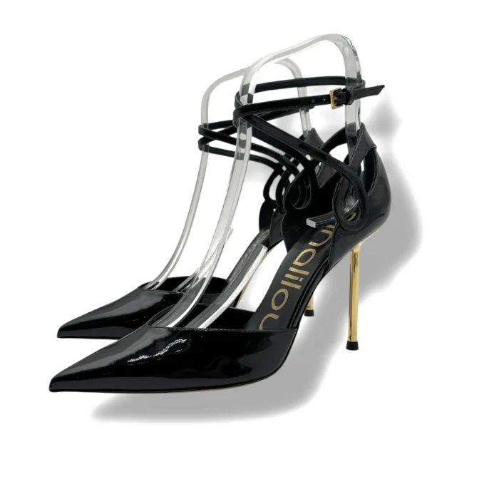 Décolleté con Cinturino alla Caviglia Ninalilou in Vernice Nera Tacco Oro 10 cm art. 362518HL VERNICE NERA, foto 4 di 5