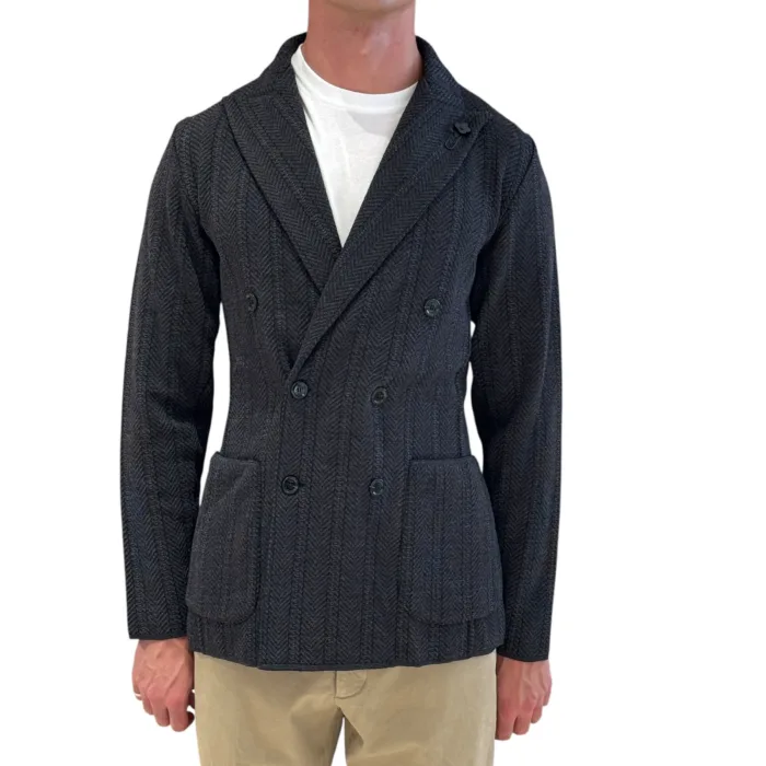 Giacca Doppiopetto Lardini In Maglia di Lana Rescata Grigio Antracite Art. CNLJM57 AC67004 999GR, foto 1 di 3
