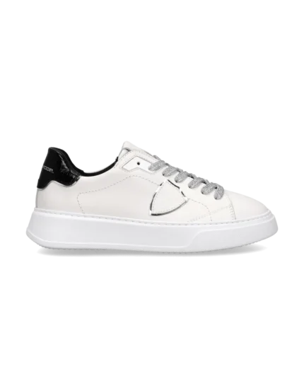 Sneakers Donna Philippe Model Temple in Pelle Bianca e Spoiler in Cocco Nero art. BTLD VC13