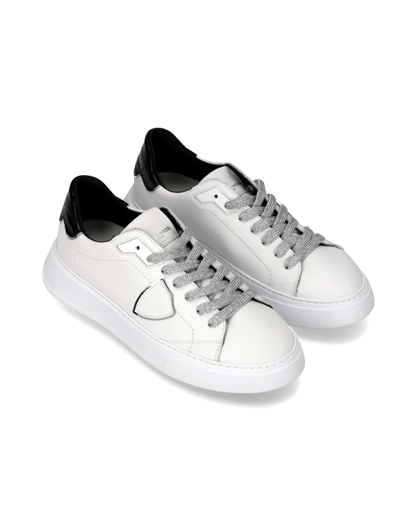 Sneakers Donna Philippe Model Temple in Pelle Bianca e Spoiler in Cocco Nero art. BTLD VC13, foto 4 di 5