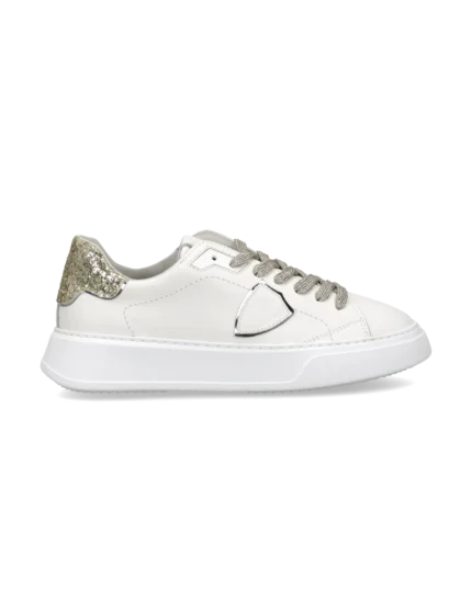 Sneakers Donna Philippe Model Temple in Pelle Bianca, Spoiler e Laccio Glitter Oro art. BTLD VG14