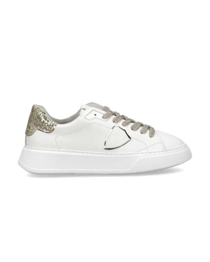 Sneakers Donna Philippe Model Temple in Pelle Bianca, Spoiler e Laccio Glitter Oro art. BTLD VG14, foto 1 di 5