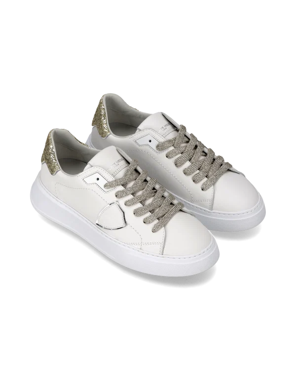 Sneakers Donna Philippe Model Temple in Pelle Bianca, Spoiler e Laccio Glitter Oro art. BTLD VG14, foto 2 di 5