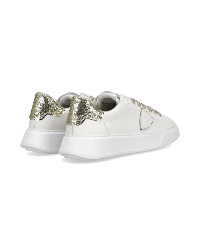 Sneakers Donna Philippe Model Temple in Pelle Bianca, Spoiler e Laccio Glitter Oro art. BTLD VG14, foto 4 di 5