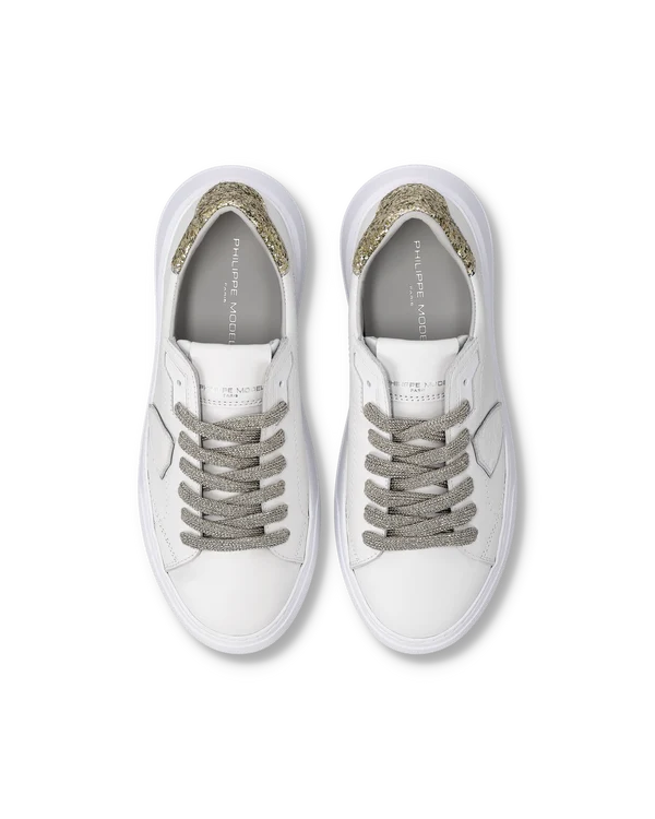 Sneakers Donna Philippe Model Temple in Pelle Bianca, Spoiler e Laccio Glitter Oro art. BTLD VG14, foto 3 di 5