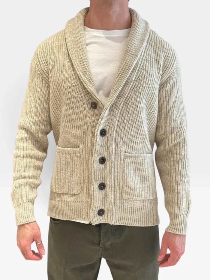 Cardigan Bluson con Collo a Scialle Filippo De Laurentiis in Misto Lana e Cashmere Beige Art. CS3MLT WC5P 6603, foto 1 di 2