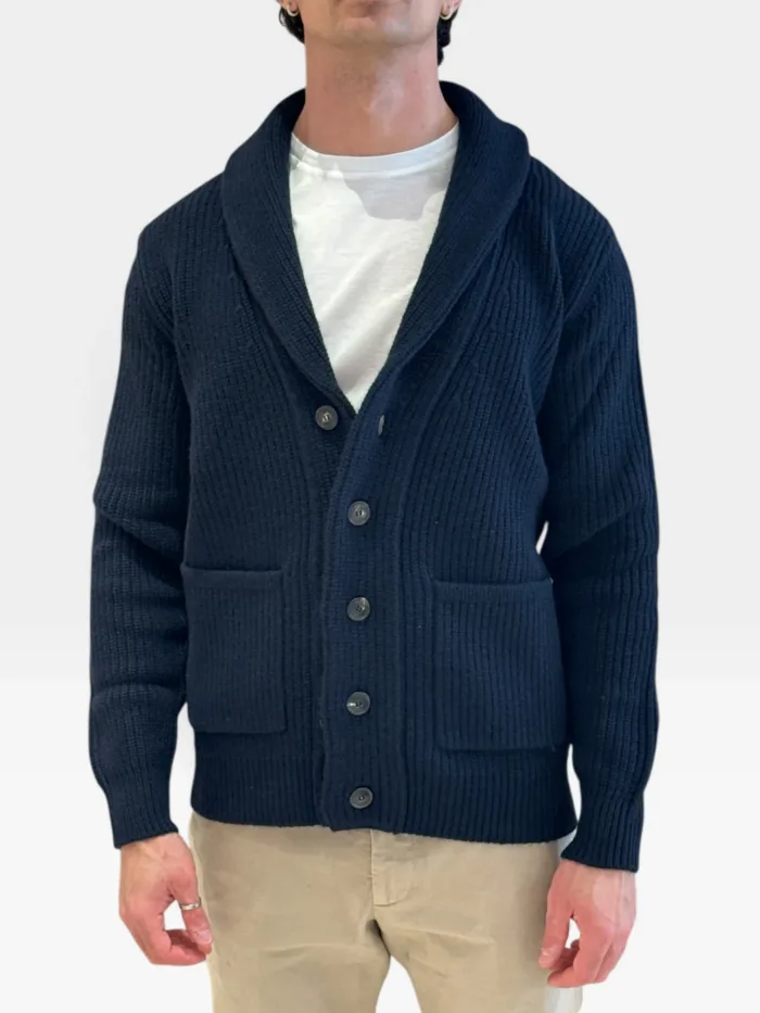Cardigan Bluson con Collo a Scialle Filippo De Laurentiis in Misto Lana e Cashmere Blu Art. CS3MLT WC5P 891, foto 1 di 2