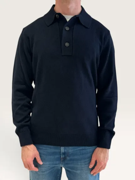 Polo 3 Bottoni Manica Lunga Filippo De Laurentiis in Misto Lana e Cashmere Blu Art. PL3ML WC7R 891