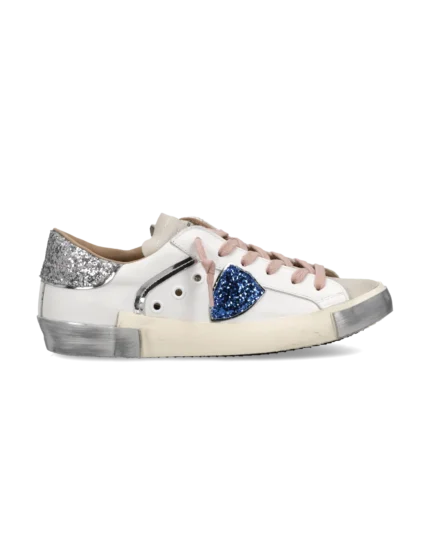 Sneakers Donna Paris Prsx Philippe Model in Pelle Bianca, Linguetta in Camoscio e Spoiler Glitter Argento art. PRLD VG10