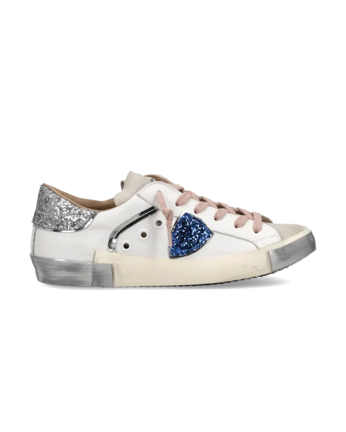 Sneakers Donna Paris Prsx Philippe Model in Pelle Bianca, Linguetta in Camoscio e Spoiler Glitter Argento art. PRLD VG10, foto 1 di 5