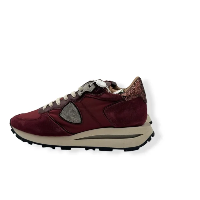 Sneakers Donna Philippe Model Tropez Haute in Nylon e Camoscio Bordeaux Spoiler Glitter art. TKLD NG02, foto 3 di 5