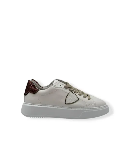 Sneakers Donna Philippe Model Temple in Pelle Bianca e Spoiler Glitter Bronzo art. BTLD VG15