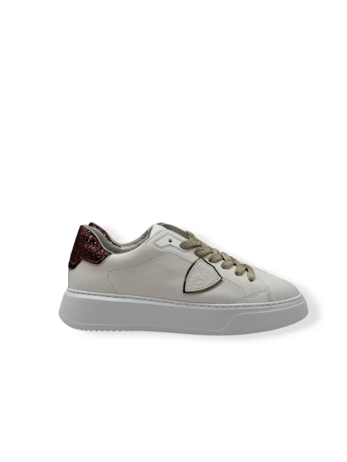 Sneakers Donna Philippe Model Temple in Pelle Bianca e Spoiler Glitter Bronzo art. BTLD VG15, foto 1 di 5