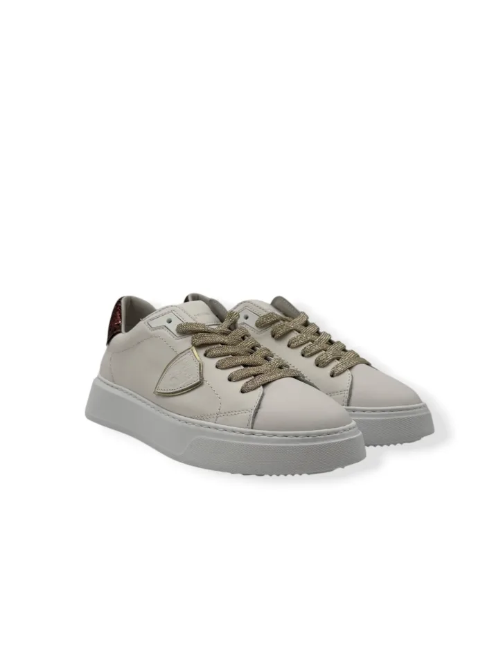 Sneakers Donna Philippe Model Temple in Pelle Bianca e Spoiler Glitter Bronzo art. BTLD VG15, foto 2 di 5
