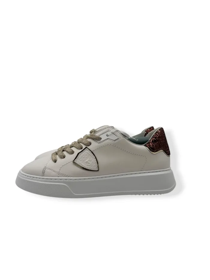 Sneakers Donna Philippe Model Temple in Pelle Bianca e Spoiler Glitter Bronzo art. BTLD VG15, foto 3 di 5