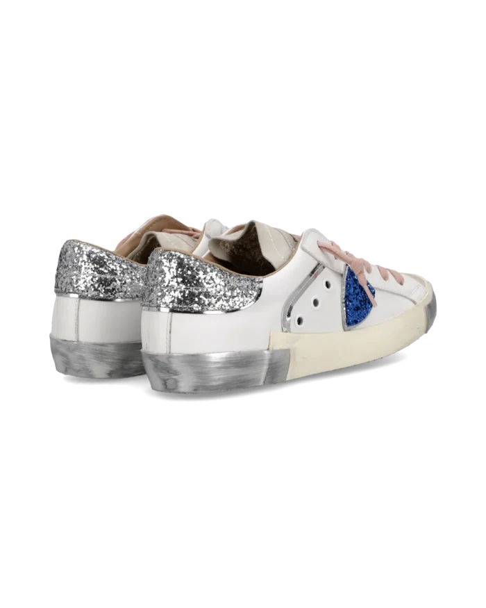 Sneakers Donna Paris Prsx Philippe Model in Pelle Bianca, Linguetta in Camoscio e Spoiler Glitter Argento art. PRLD VG10, foto 4 di 5