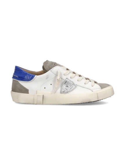 Sneakers Donna Paris Prsx Philippe Model in Pelle Bianca, Linguetta in Camoscio e Spoiler Bluette art. PRLD VXC2