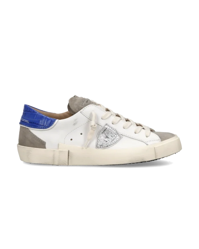 Sneakers Donna Paris Prsx Philippe Model in Pelle Bianca, Linguetta in Camoscio e Spoiler Bluette art. PRLD VXC2, foto 1 di 5