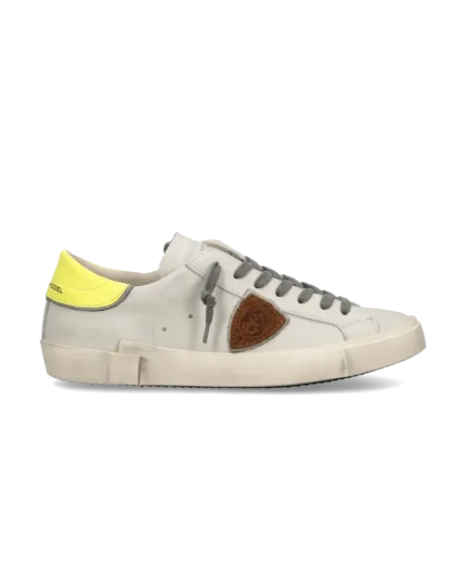 Sneakers Uomo Philippe Model Paris Prsx in Pelle Bianca Spoiler Giallo Fluo art. PRLU VP26