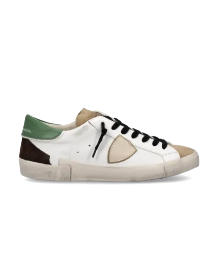 Sneakers Uomo Philippe Model Paris Prsx in Pelle Bianca, Linguetta Camoscio Beige e Spoiler Verde art. PRLU WX56