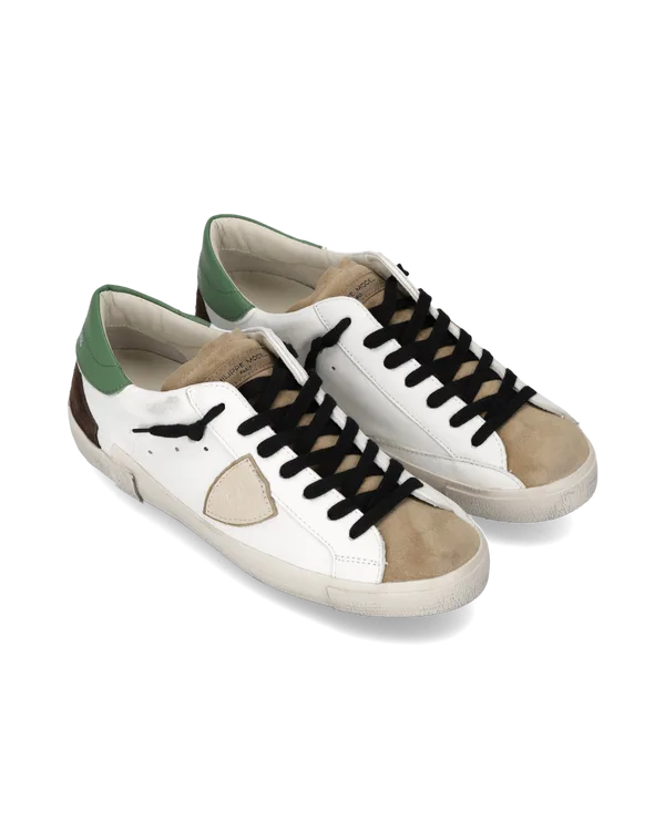 Sneakers Uomo Philippe Model Paris Prsx in Pelle Bianca, Linguetta Camoscio Beige e Spoiler Verde art. PRLU WX56, foto 2 di 5