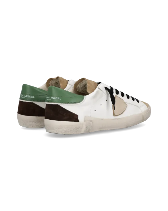 Sneakers Uomo Philippe Model Paris Prsx in Pelle Bianca, Linguetta Camoscio Beige e Spoiler Verde art. PRLU WX56, foto 4 di 5