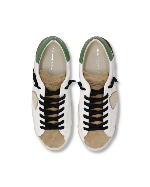 Sneakers Uomo Philippe Model Paris Prsx in Pelle Bianca, Linguetta Camoscio Beige e Spoiler Verde art. PRLU WX56, foto 3 di 5