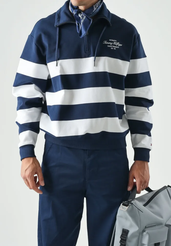 Felpa Blu Mezza Zip Uomo Tommy Hilfiger a Righe Bianche e Blu art. MW0MW43190 DCC, foto 3 di 3