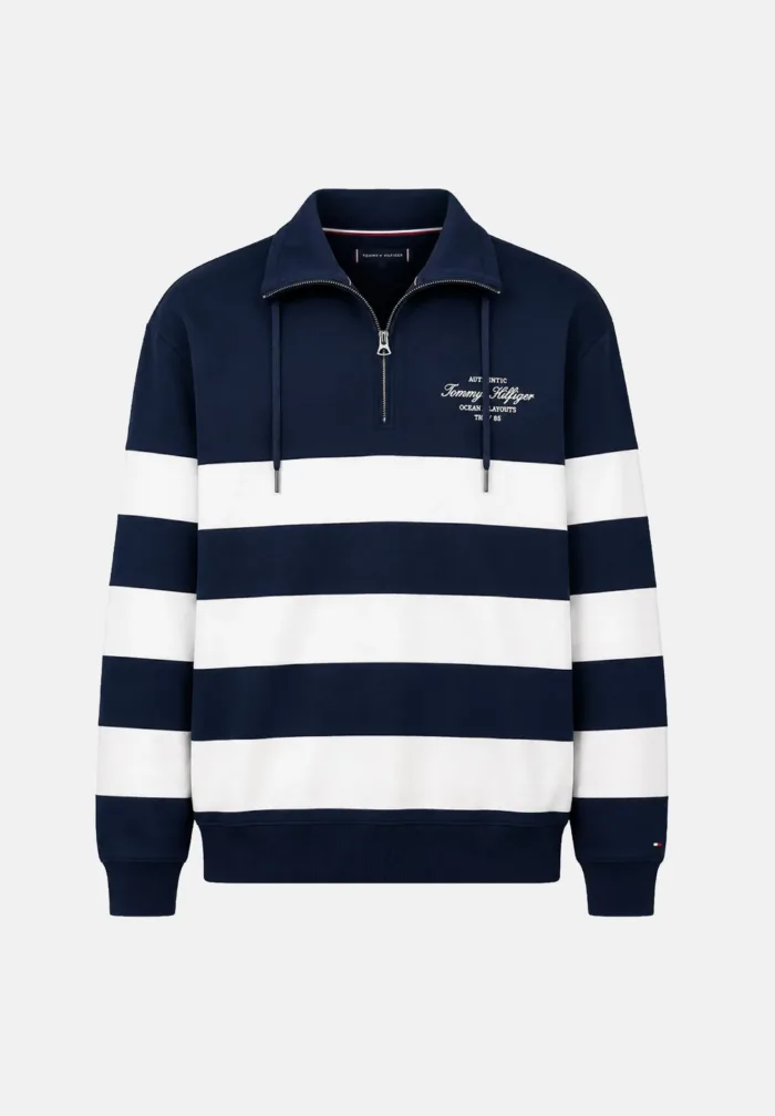 Felpa Blu Mezza Zip Uomo Tommy Hilfiger a Righe Bianche e Blu art. MW0MW43190 DCC, foto 1 di 3