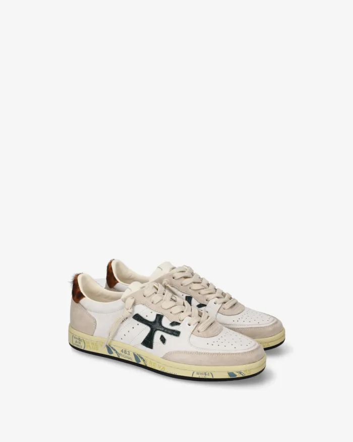 Sneakers Premiata Donna in Pelle Bianca e Camoscio Tortora Dettagli Verdi art. Bskt Clayd 8472, foto 2 di 5