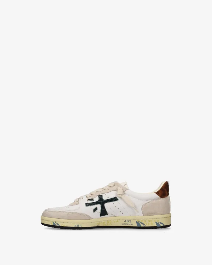 Sneakers Premiata Donna in Pelle Bianca e Camoscio Tortora Dettagli Verdi art. Bskt Clayd 8472, foto 3 di 5