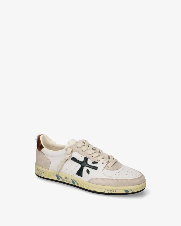 Sneakers Premiata Donna in Pelle Bianca e Camoscio Tortora Dettagli Verdi art. Bskt Clayd 8472, foto 4 di 5