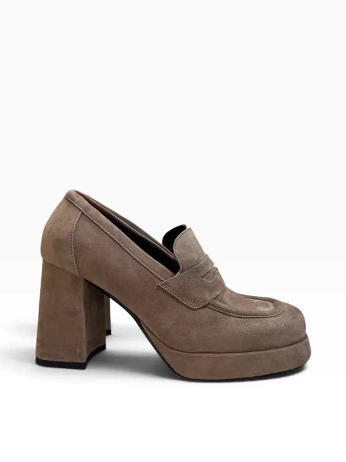 Mocassino Lorenzo Mari in Camoscio Taupe Tacco H 10 cm Plateau 2 cm Art Flaminia 04, foto 1 di 5