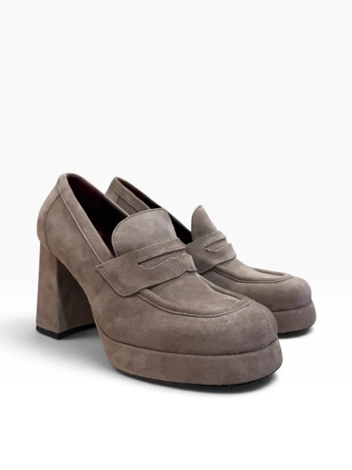 Mocassino Lorenzo Mari in Camoscio Taupe Tacco H 10 cm Plateau 2 cm Art Flaminia 04, foto 2 di 5