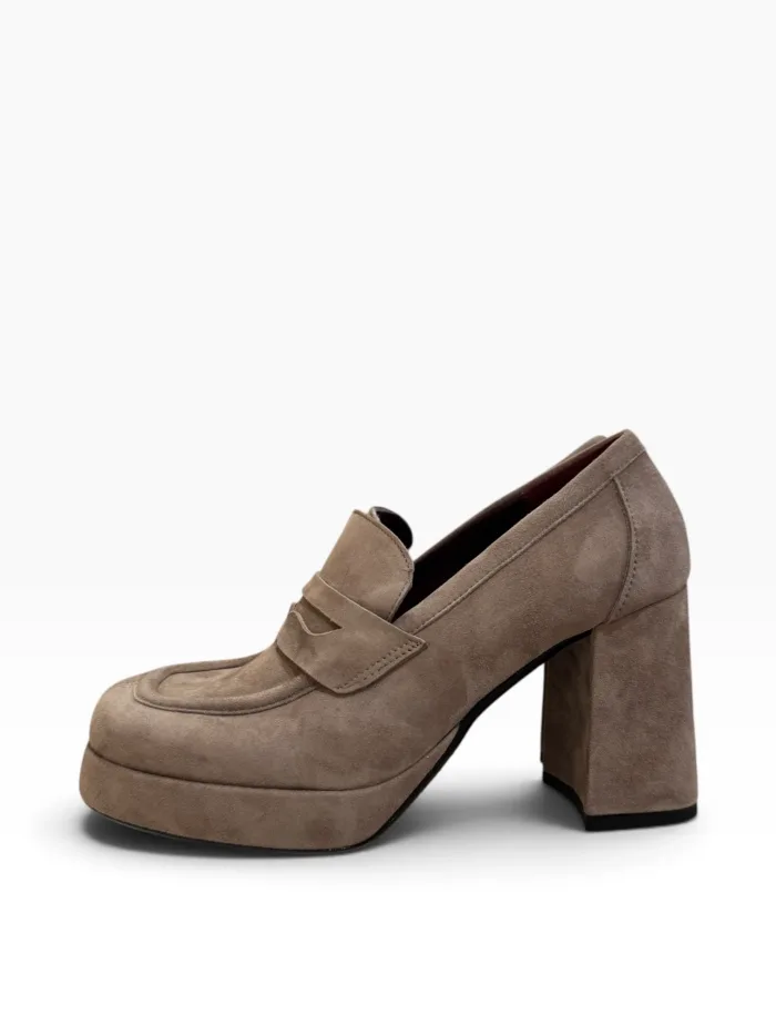 Mocassino Lorenzo Mari in Camoscio Taupe Tacco H 10 cm Plateau 2 cm Art Flaminia 04, foto 4 di 5