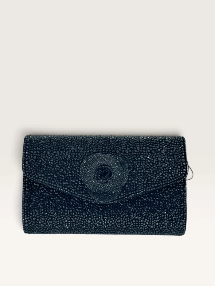 Pochette con Tracolla Twentyfourhaitch in Ciniglia Nero e Strass Neri con Fiore art. Asilea Ner, foto 1 di 3