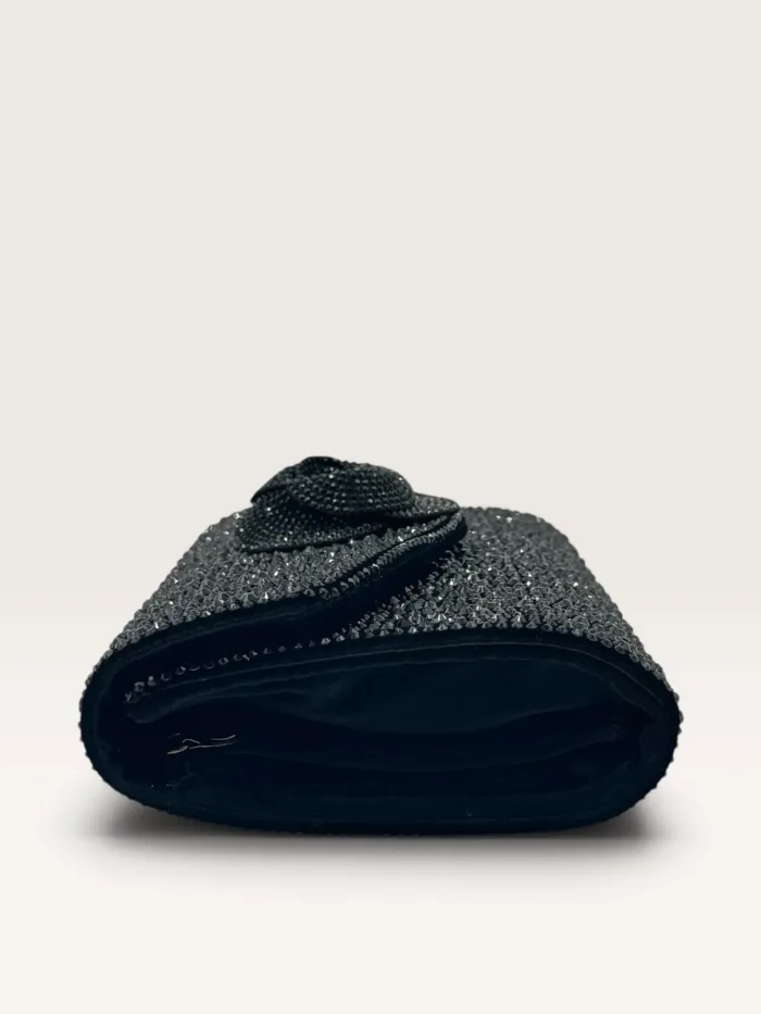 Pochette con Tracolla Twentyfourhaitch in Ciniglia Nero e Strass Neri con Fiore art. Asilea Ner, foto 2 di 3