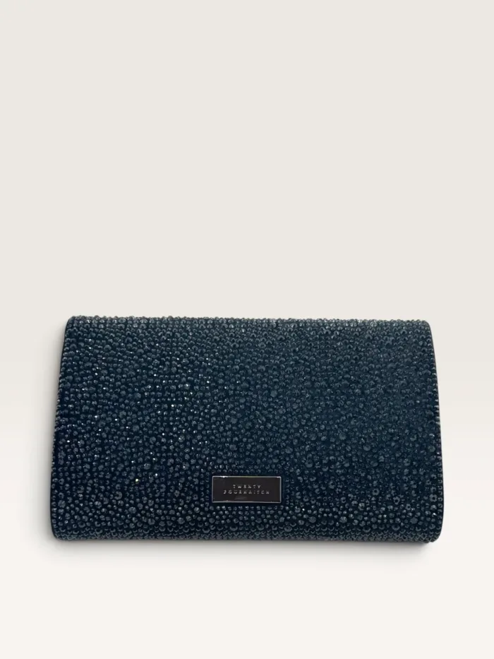 Pochette con Tracolla Twentyfourhaitch in Ciniglia Nero e Strass Neri con Fiore art. Asilea Ner, foto 3 di 3