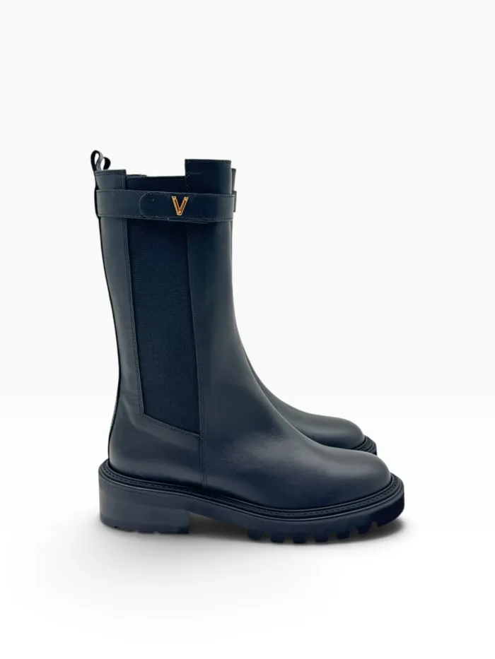 Stivaletto Biker Via Roma 15 in Pelle Nera con V Dorata Tacco H 5 cm art. 4417 Malibù Nero, foto 1 di 4