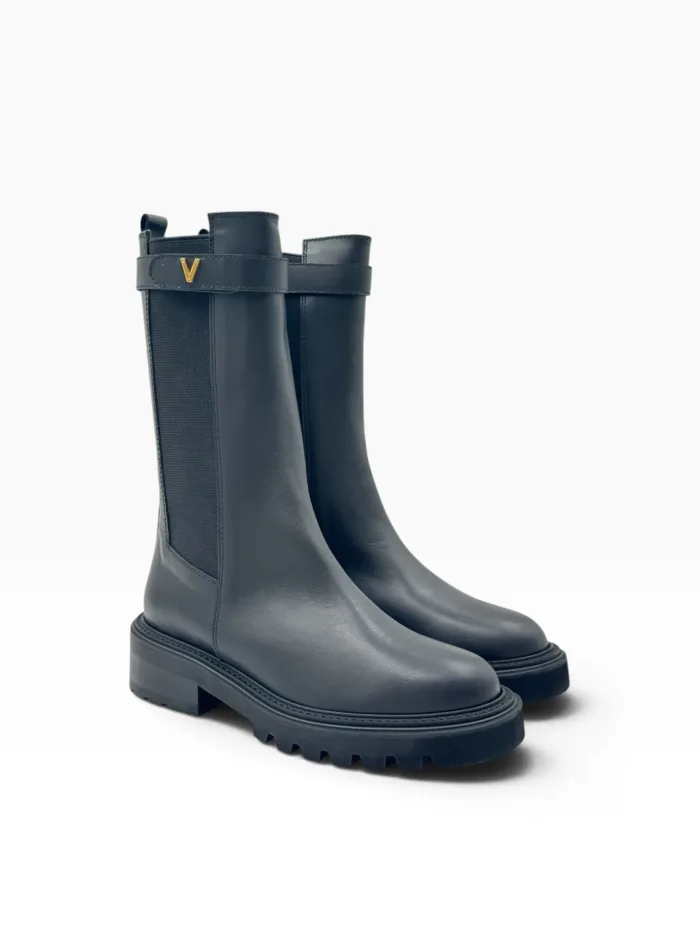 Stivaletto Biker Via Roma 15 in Pelle Nera con V Dorata Tacco H 5 cm art. 4417 Malibù Nero, foto 2 di 4